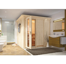 Sauna modulaire Karibu Rondina avec poêle 9 kW et commande intégrée, avec frise de toit et portes en bois avec verre isolé thermiquement