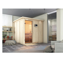 Sauna en bois avec porte vitrée et panneau de commande numérique dans une pièce meublée moderne