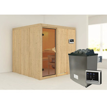 Holzsauna mit Glastür, Saunaofen und Steuerung