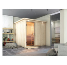 Image d''intérieur d''un sauna en bois avec porte en verre dans une pièce claire et moderne.