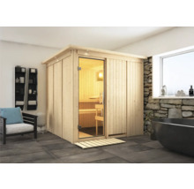 Holzsauna mit Glastür in einem Badezimmer