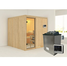 Holzsauna mit Glastür, Saunaofen, Saunasteinen und digitaler Steuerung für den Innenbereich