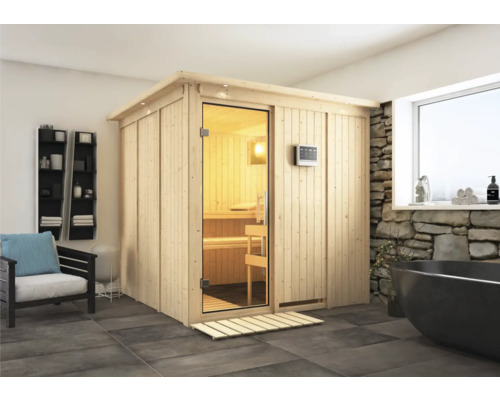 Sauna modulaire Karibu Rodina avec poêle Bio 9 kW et commande externe, avec couronne et porte entièrement vitrée en verre transparent Sauna modulaire Karibu Rodina avec poêle Bio 9 kW et commande externe, avec couronne et porte entièrement vitrée en verre transparent