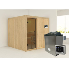 Sauna en bois avec porte en verre, poêle de sauna et commande