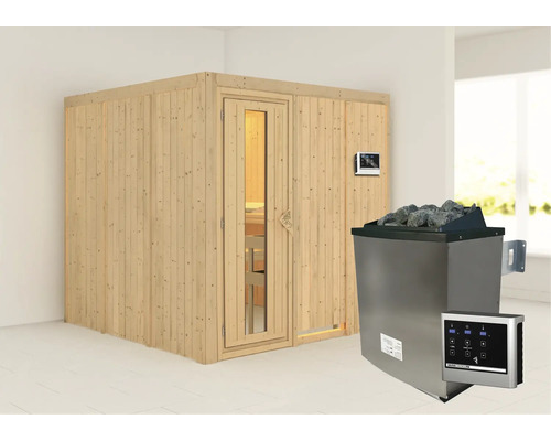 Sauna modulaire Karibu Rodina avec poêle 9 kW et commande ext. sans couronne avec porte en bois et verre à isolation thermique Sauna modulaire Karibu Rodina avec poêle 9 kW et commande ext. sans couronne avec porte en bois et verre à isolation thermique