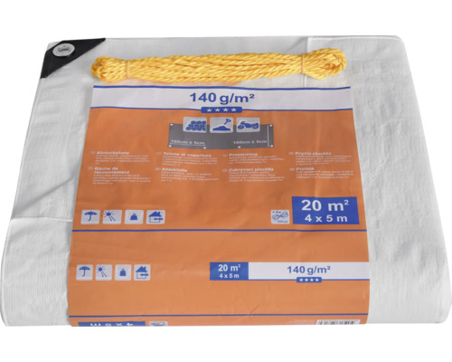 Weisse Abdeckplane mit Kordel, Flaechenmass 20 Quadratmeter