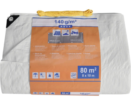 Weisse Abdeckplane mit gelbem Seil und Produktinformationen