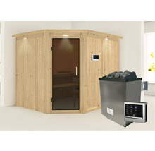 Ecksauna aus Holz mit Glastür und Saunaofen