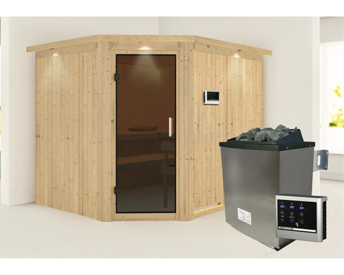 Elementsauna Karibu Malina inkl. 9 kW Ofen u.ext.Steuerung mit Dachkranz und graphitfarbiger Ganzglastüre Elementsauna Karibu Malina inkl. 9 kW Ofen u.ext.Steuerung mit Dachkranz und graphitfarbiger Ganzglastüre