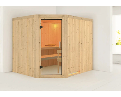 Sauna modulaire Karibu Malina sans poêle et couronne avec porte entièrement vitrée transparente