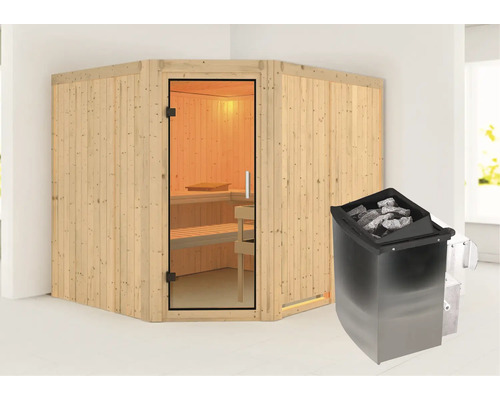 Sauna avec poêle de sauna et façade en verre