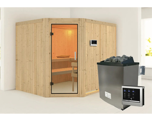 Ecksauna mit Glastür, Steuerung und Saunaofen
