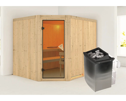 Sauna d''angle en bois avec porte en verre et poêle de sauna