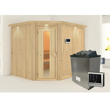 Ecksauna aus Holz mit Saunaofen und Steuerung