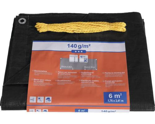 Bâche de chantier avec corde et œillets, grammage 140 grammes par mètre carré, dimension 6 mètres carrés