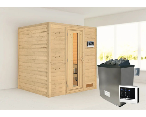 Sauna en bois massif Karibu Anja avec poêle 9 kW et commande externe sans couronne avec porte en bois et verre à isolation thermique