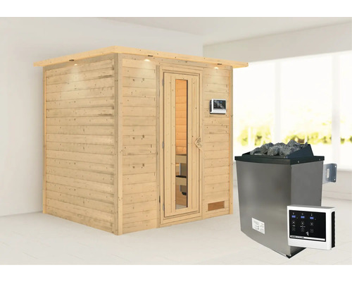 Sauna en bois massif Karibu Anja avec poêle 9 kW et commande externe avec couronne et porte en bois et verre à isolation thermique