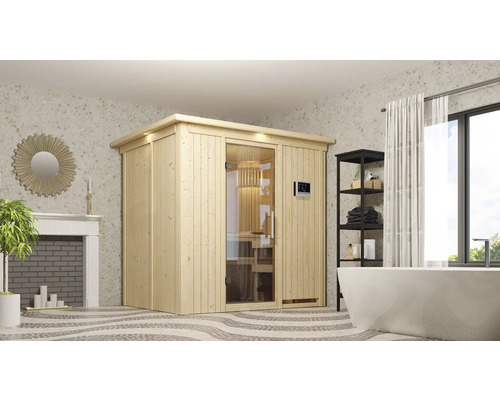 Sauna Plug & Play Karibu Wanja avec poêle 3,6 kW et commande externe, avec couronne et porte entièrement vitrée transparente