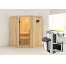 Sauna en bois avec porte en verre et poêle de sauna