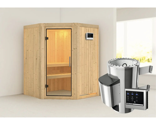 Sauna Plug & Play Karibu Kanja avec poêle 3,6 kW et commande externe, sans couronne, avec porte entièrement vitrée transparente