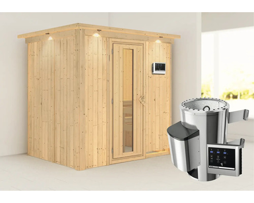 Sauna Plug & Play Karibu Wanja poêle 3,6 kW et commande externe, avec couronne et porte en bois avec verre à isolation thermique