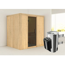 Sauna en bois avec porte en verre et poêle de sauna