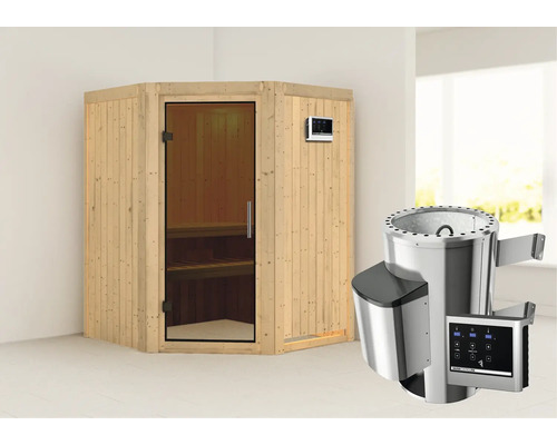 Sauna Plug & Play Karibu Kanja avec poêle 3,6 kW et commande externe, sans couronne avec porte entièrement vitrée coloris graphite