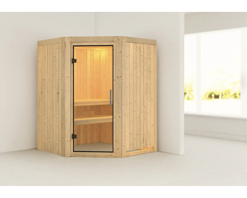 Plug & Play Sauna Karibu Kanja ohne Ofen ohne Dachkranz mit Ganzglastüre aus Klarglas