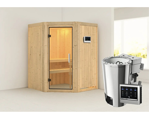 Sauna Plug & Play Karibu Kanja avec poêle bio 3,6 kW et commande externe, sans couronne, avec porte entièrement vitrée transparente