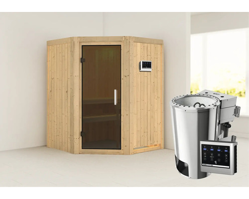 Sauna Plug & Play Karibu Kanja avec poêle bio 3,6 kW et commande externe, sans couronne avec porte entièrement vitrée coloris graphite