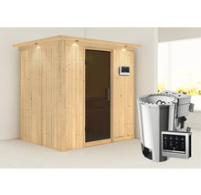 Holzsauna mit Glastür und Saunaofen