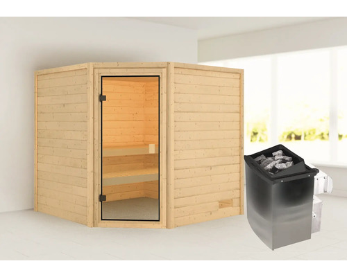 Sauna en bois massif Karibu Tida avec poêle 9 kW et commande intégrée sans couronne avec porte entièrement vitrée couleur bronze