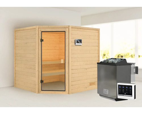 Sauna en bois massif Karibu Tida avec poêle bio 9 kW et commande externe sans couronne avec porte entièrement vitrée couleur bronze