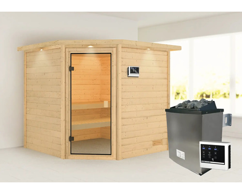 Sauna en bois massif Karibu Tida avec poêle 9 kW et commande externe avec couronne et porte entièrement vitrée couleur bronze