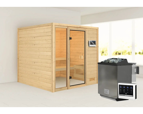 Sauna en madriers Karibu Jutta avec poêle bio 9 kW et commande ext. sans couronne avec porte entièrement vitrée couleur bronze