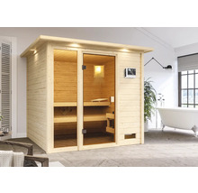 Massivholzsauna Karibu Jutta inkl.9 kW Bio Ofen u.ext.Steuerung mit Dachkranz und bronzierter Ganzglastüre