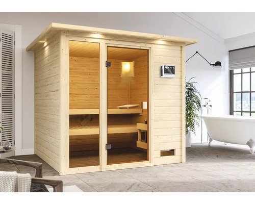 Sauna en bois massif Karibu Jutta avec poêle bio 9 kW et commande externe avec couronne et porte entièrement vitrée couleur bronze