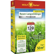 Logo Wolf Garten. Emballage d''engrais gazon longue durée Premium pour 50 mètres carrés.