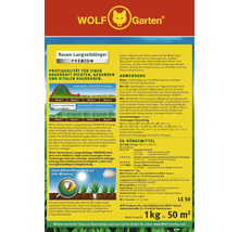 Wolf Garten Logo. Premium Rasen Langzeitdünger für 50 Quadratmeter, 1 Kilogramm.