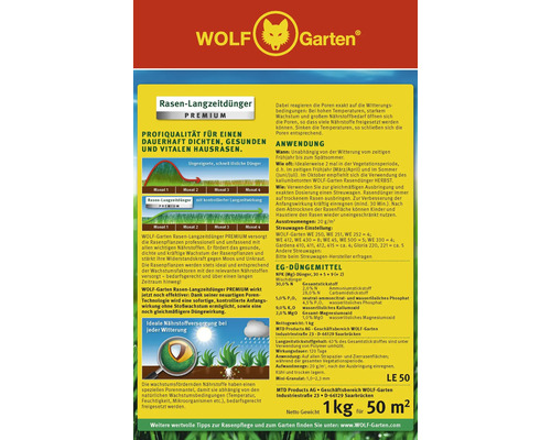 Wolf Garten Logo. Premium Rasen Langzeitdünger für 50 Quadratmeter, 1 Kilogramm.