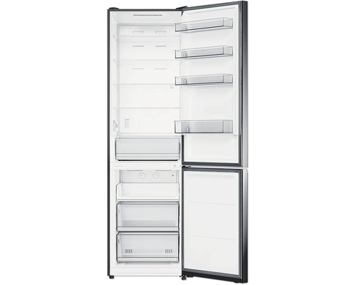 Geöffneter Kühlschrank mit Regalen und Schubladen