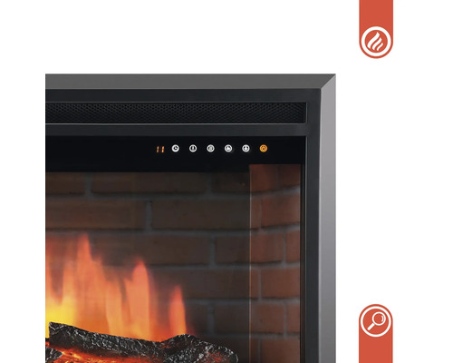 Vue détaillée d''une cheminée électrique avec panneau de commande et effet de flamme