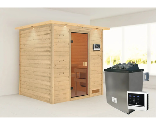 Sauna en bois massif Karibu Adelina avec poêle 9 kW et commande externe avec couronne et porte entièrement vitrée couleur bronze