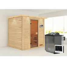 Massivholzsauna Karibu Adelina inkl.9 kW Bio Ofen u.ext.Steuerung mit Dachkranz und bronzierter Ganzglastüre