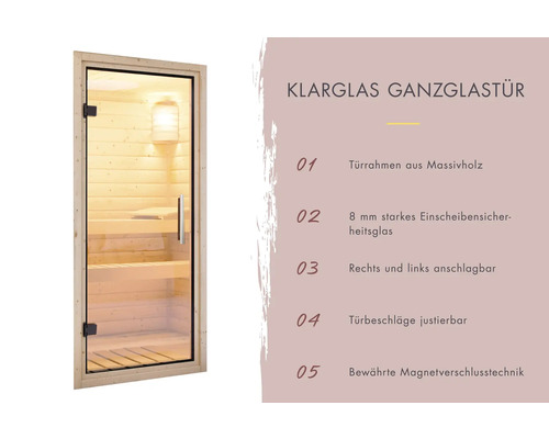 Porte de sauna en verre clair avec cadre en bois massif