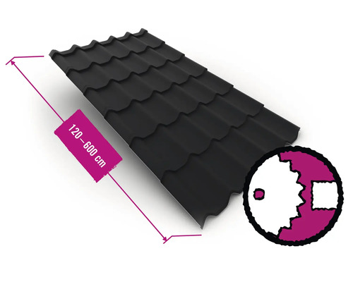 Tuile noire avec indication de taille de 120 à 600 cm
