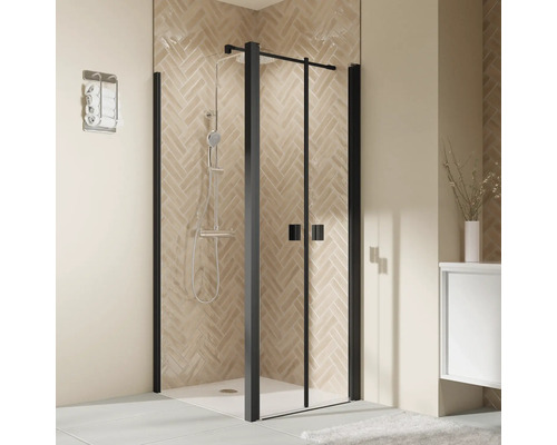 Porte de douche pour paroi latérale avec porte battante BREUER Elana 2.0 90 cm profilé noir décor verre gris réversible