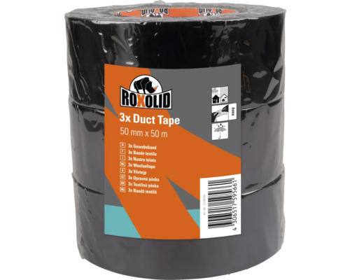 ROXOLID Duct Tape / Gaffa Tape Gewebeband schwarz 50 mm x 50 m 3 Stück