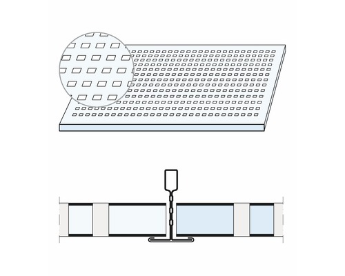Rasterdecke mit Detailansicht und Montagebeispiel