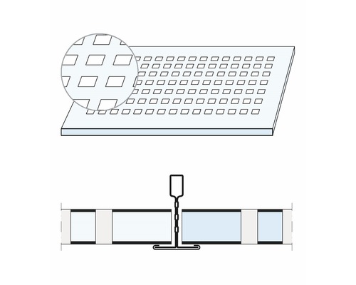 Plafond à grille avec découpes carrées et schéma de montage